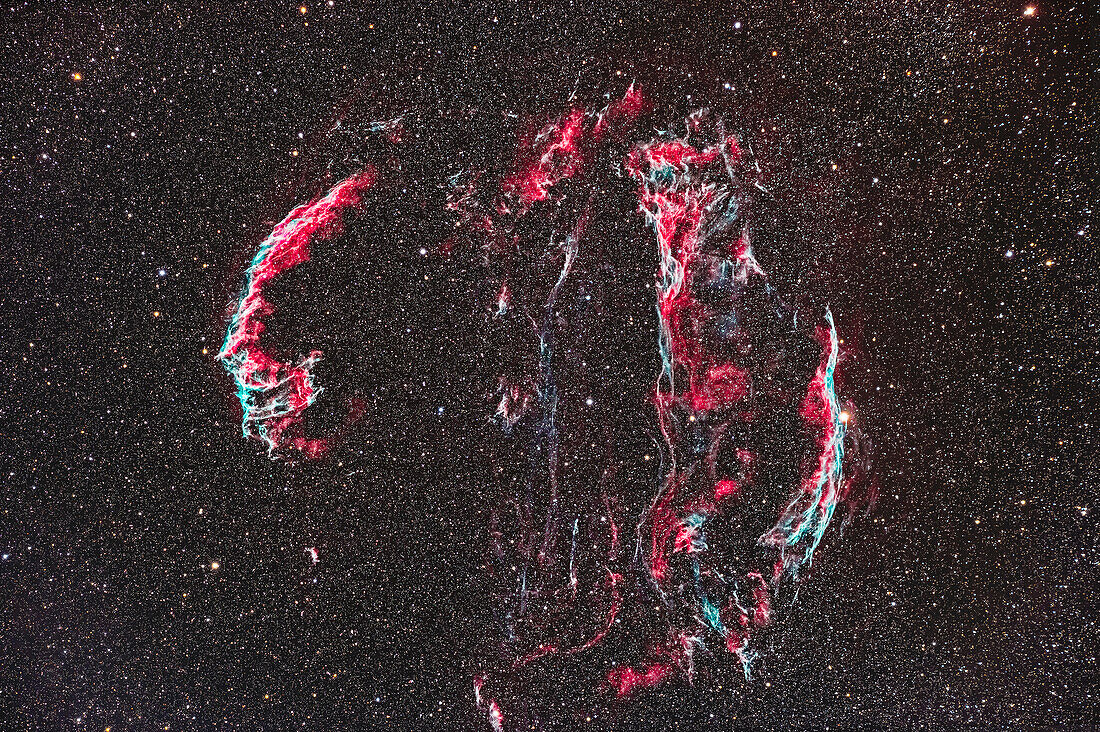 The Veil Nebula complex in Cygnus,aka the Cygnus Loop or Cirrus Nebula. This is a remnant of a supernova explosion that occured 5000 to 8000 years ago. It features a mix of red hydrogen-alpha and cyan oxygen III emission for a colourful complex of lacy filaments. The components have the catalogue numbers of NGC 6992-5 (eastern component at left) and NGC 6960 (western component at right,through the star 52 Cygni),and NGC 6974 for the middle area at top called Pickering's Triangle.