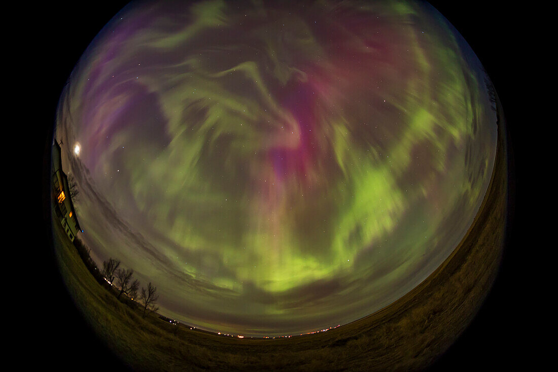A fish-eye 360° view of the Great April Aurora of April 23,2023,from home in southern Alberta,Canada. The Kp level reached 7 to 8 this day. The Big Dipper is above centre. This is looking north.