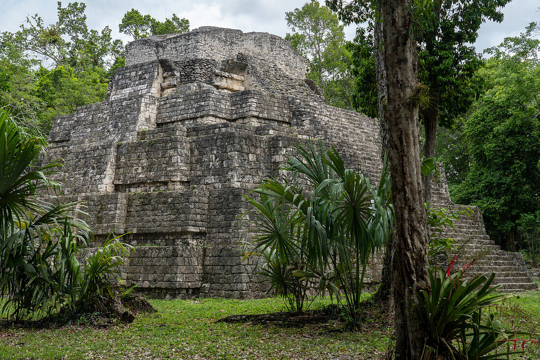Struktur 1 der Malergruppe oder Plaza der Schatten in den Maya-Ruinen im Yaxha-Nakun-Naranjo-Nationalpark, Guatemala.