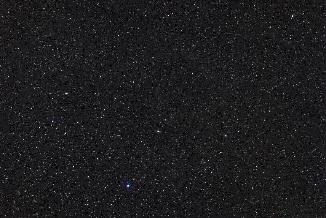 Dies ist ein Ausschnitt aus der zentralen Region des nördlichen Frühlingssternbildes Canes Venatici, einschließlich seiner beiden hellsten Sterne, dem Doppelstern Cor Caroli unten und Chara unten rechts.
