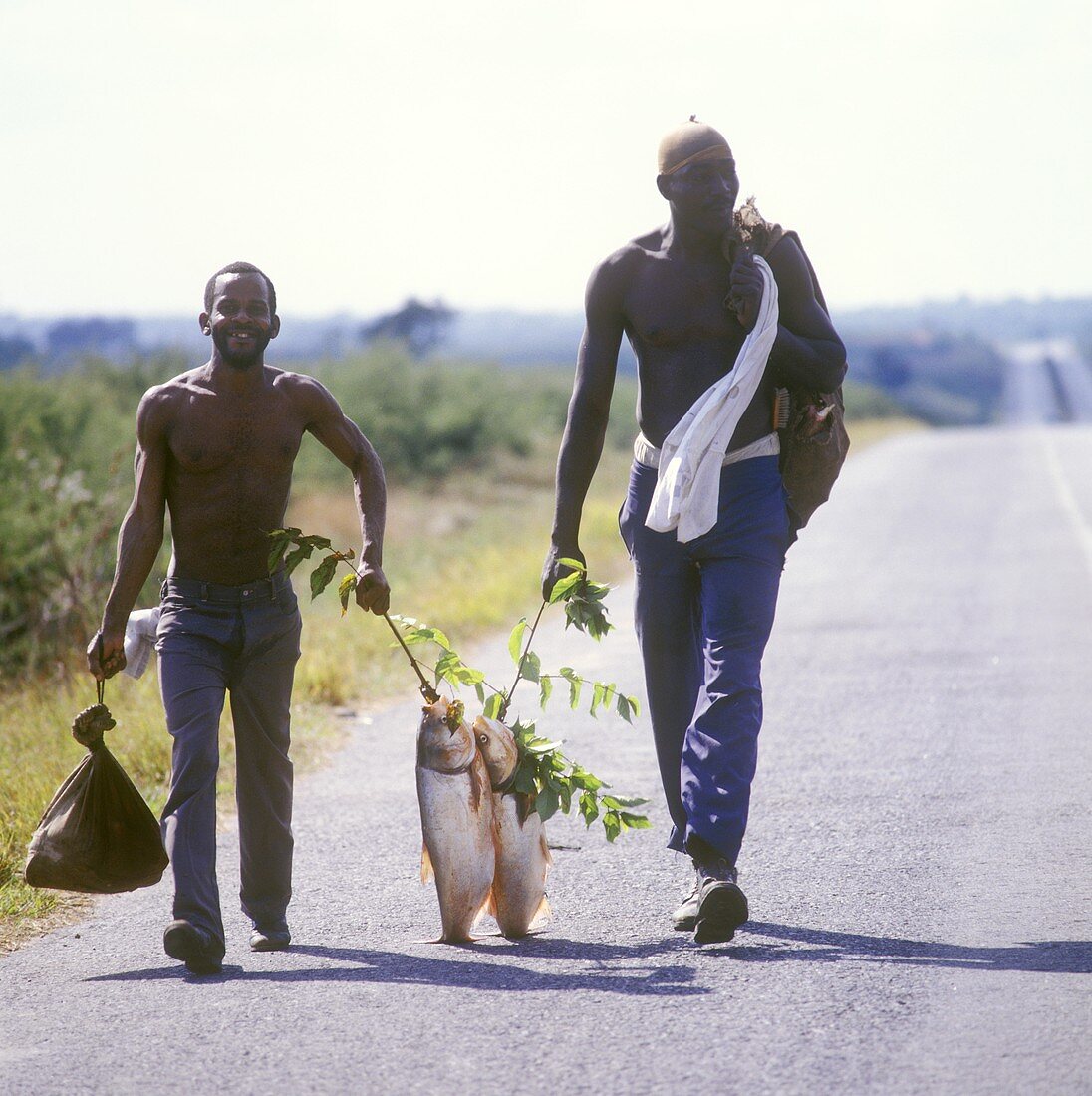 Two Cubans carrying fish on country road