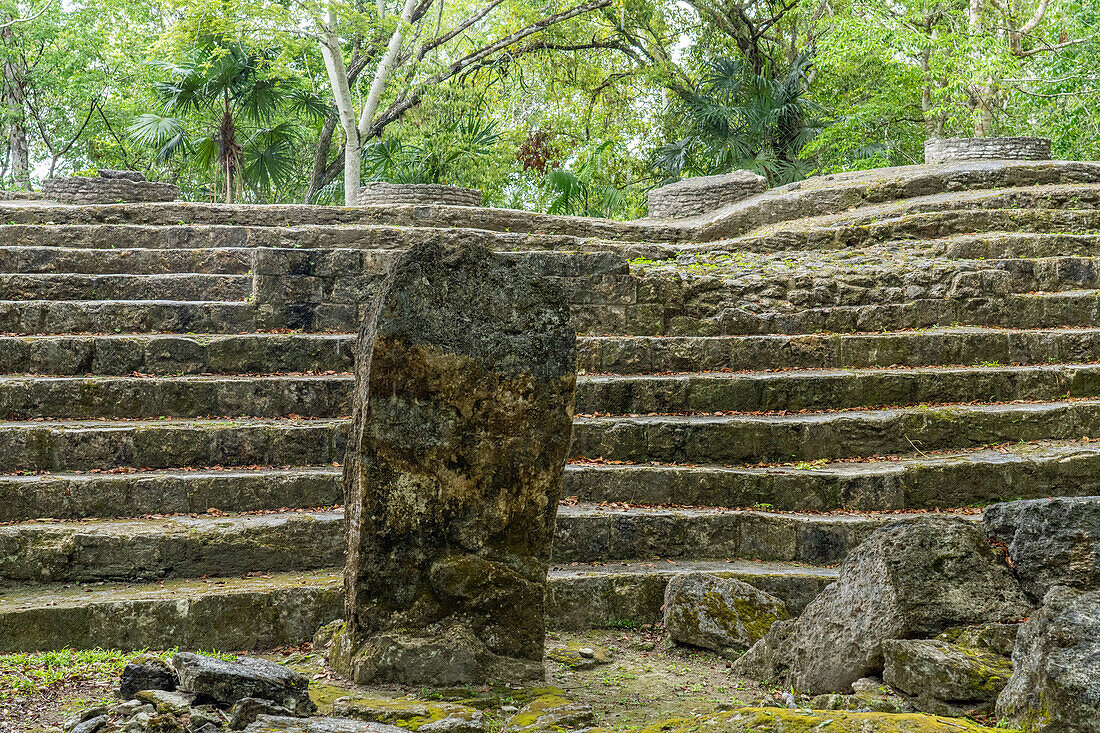 Stela 36 and Temple of the Columns in Plaza B of the Mayan ruins in Yaxha-Nakun-Naranjo National Park,Guatemala.