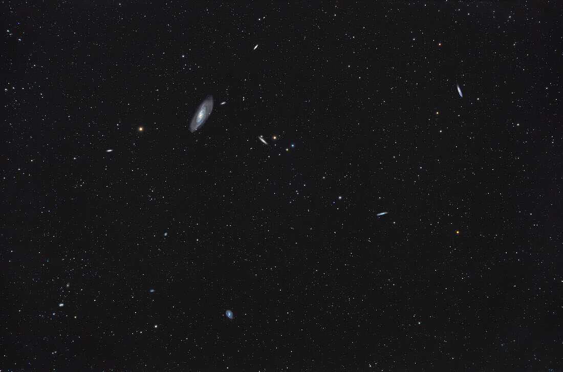 This is a framing of the bright Messier spiral galaxy M106 at top,with a number of its companions and nearby galaxies in Canes Venatici. The edge-on spiral to the right of M106 is NGC 4217; the elongated spiral at upper right is NGC 4096; the edge-on spiral right of centre is NGC 4144; the more face-on spiral at bottom is NGC 4242. Many other NGC and PGC galaxies down to 15th magnitude dot the field.