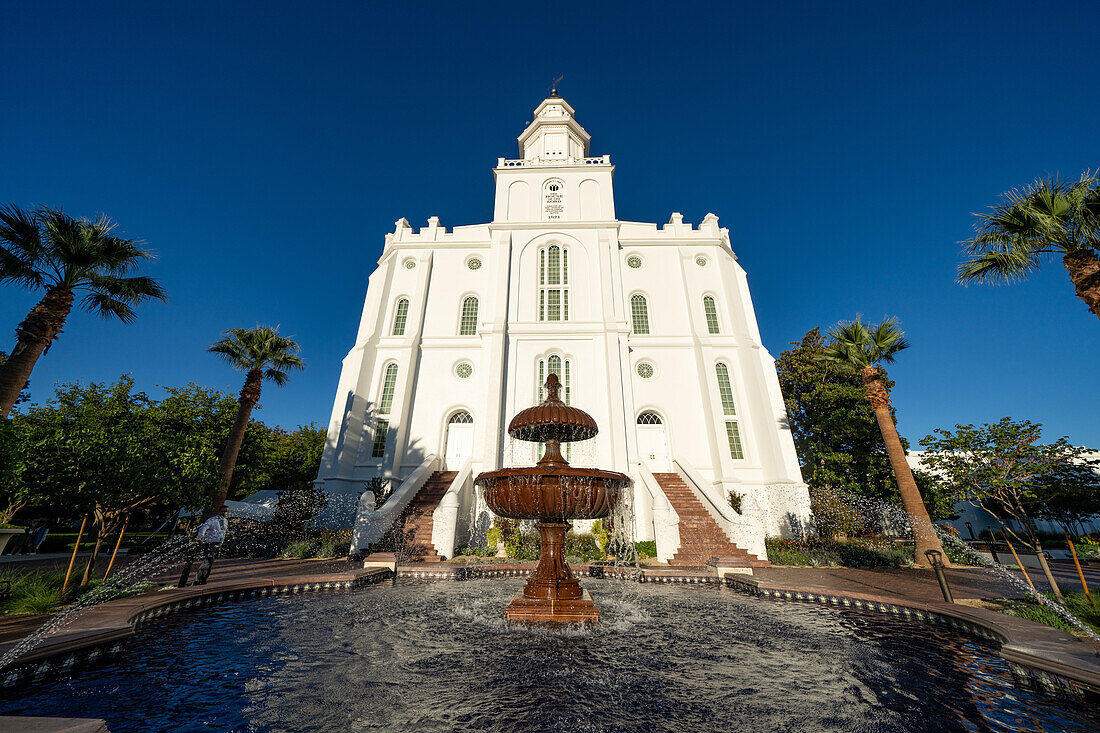 A fountain in front of the St. George Utah Temple of The Church of Jesus Christ of Latter-day Saints in St. George,Utah. It was the first temple completed in Utah,dedicated in 1871.