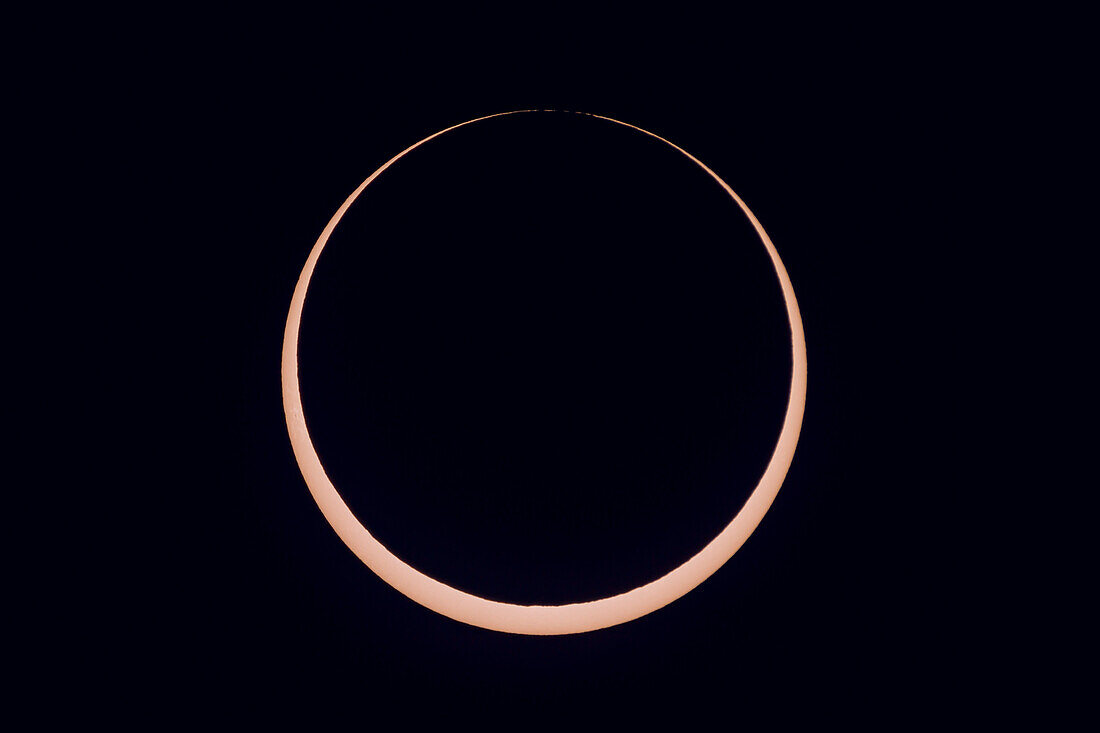 The October 14,2023 annular solar eclipse,in a single image captured at second contact with the Moon tangent to the inside limb of the Sun,at 10:27 am MDT at the site I used. This site was the Ruby's Inn Overlook on the rim of Bryce Canyon,Utah,a site well south of the centreline,with 3m03s of annularity. This was shot at the start of annularity.