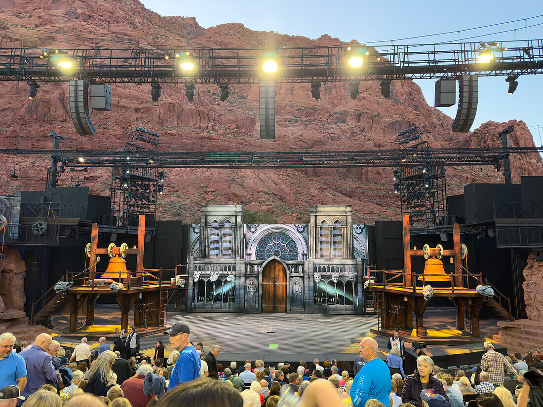 Stage set for the Hunchback of Notre Dame prior to the performance in the Tuacahn Center for the Arts,St. George,Utah. The amphitheater is located in the mouth of Padre Canyon.
