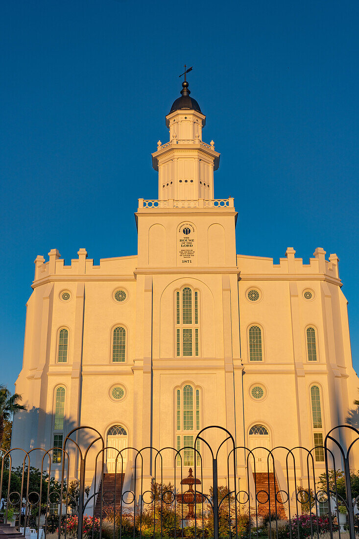 Golden light at sunrise on the St. George Utah Temple of The Church of Jesus Christ of Latter-day Saints in St. George,Utah. It was the first temple completed in Utah,dedicated in 1871.