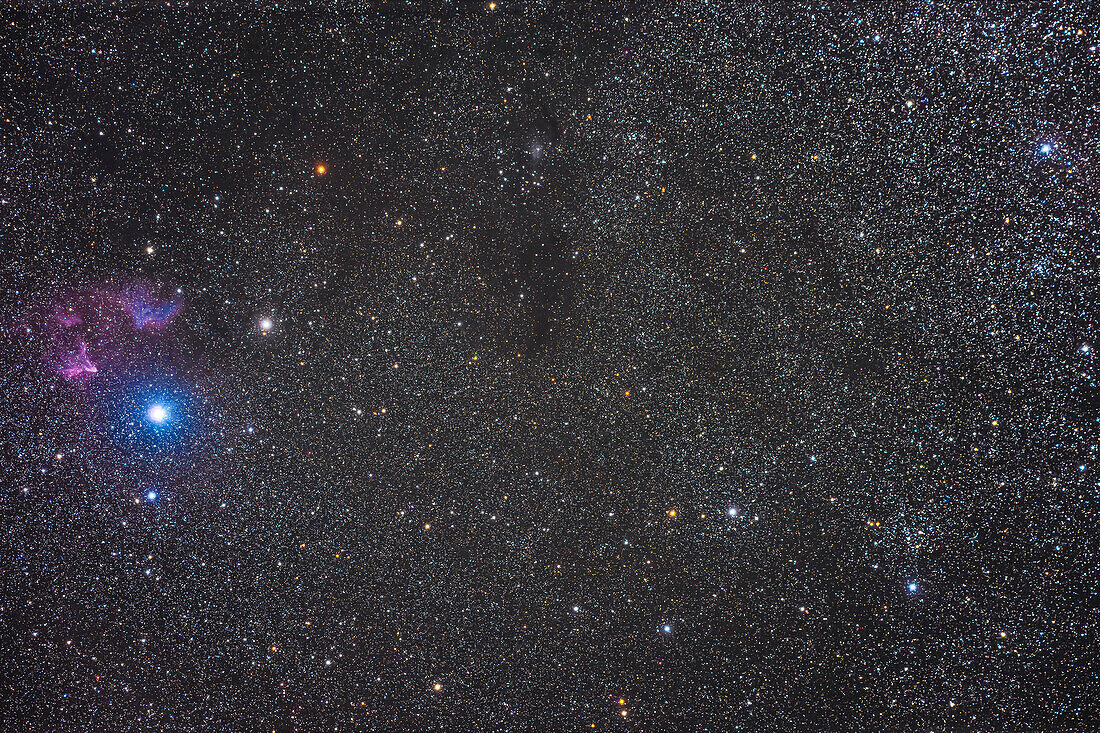 This is the field near the bright star Gamma Cassiopeiae,or Navi,at left,with the reflection nebulas IC 63 (bottom) and IC 59,aka the Ghost of Cassiopeia,above the bright star. At lower right is the star cluster NGC 129,while at top centre is a loose cluster NGC 225,aka the Sailboat Cluster. It has a small patch of reflection nebulosity near it identified as van denBurgh 4 in the Tri-Atlas. It was not marked on other atlases. Many orange giant stars pervade the area.