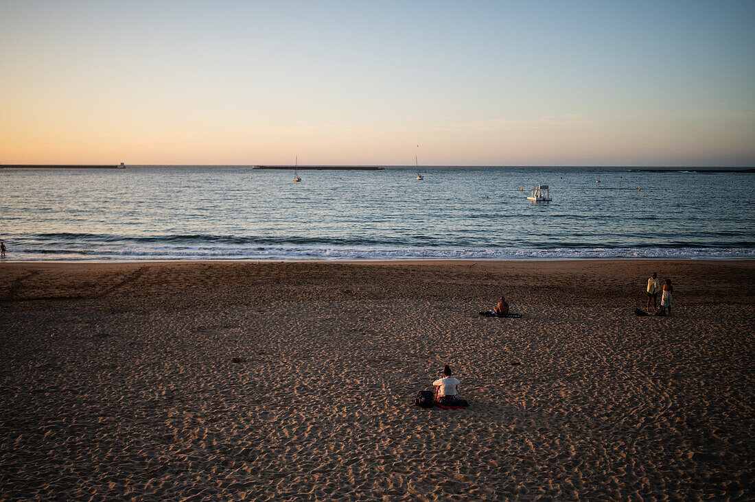 Grande Plage beach at sunset in Saint Jean de Luz,fishing town at the mouth of the Nivelle river,in southwest France’s Basque country