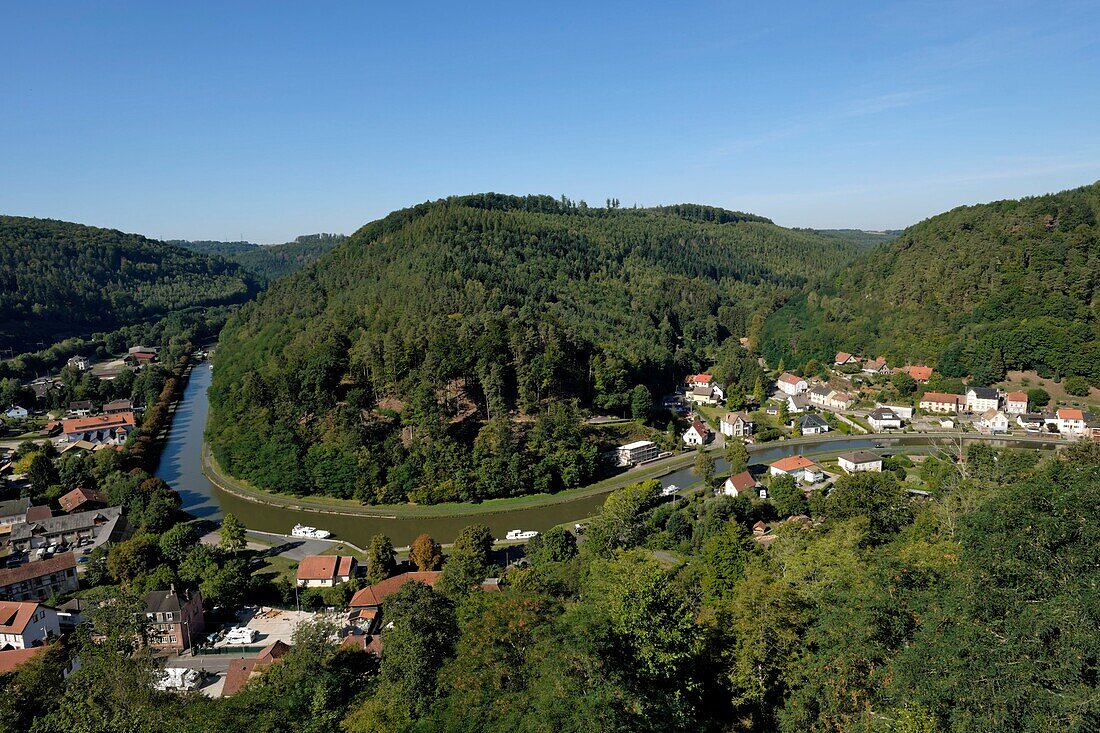 France, Moselle, Lutzelbourg, from the castle dated 11th century, view of the village, the Zorn valley, the canal from the Marne to the Rhine