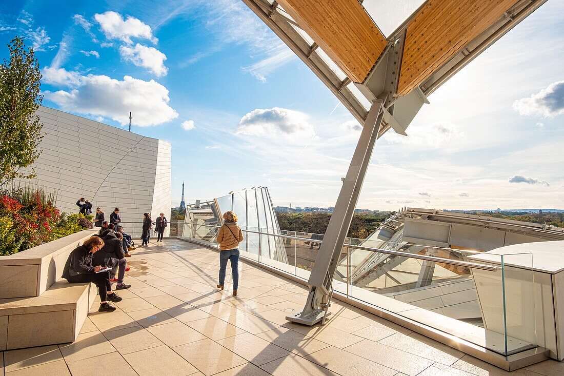 France, Paris, Bois de Boulogne, terrace of the Louis Vuitton Foundation by architect Frank Gehry