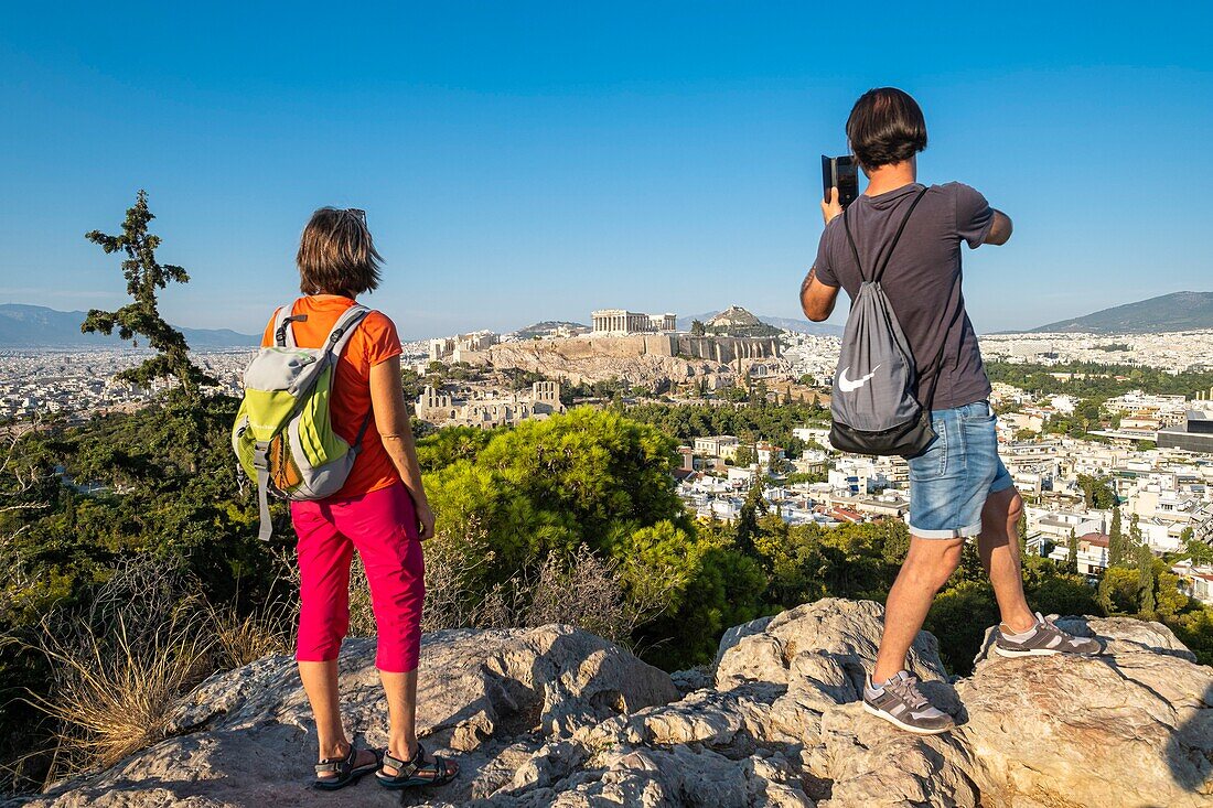 Griechenland, Athen, Akropolis von Athen, UNESCO-Weltkulturerbe, vom Musenhügel oder Philopappos-Hügel aus gesehen