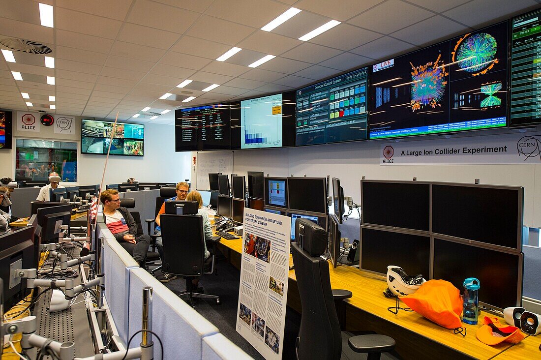 France, Switzerland, CERN, European Organization for Nuclear Research, open door in the control rooms of the particle accelerator, LHC, detector ALICE: A Large Ion Collider Experiment, visit of the control room