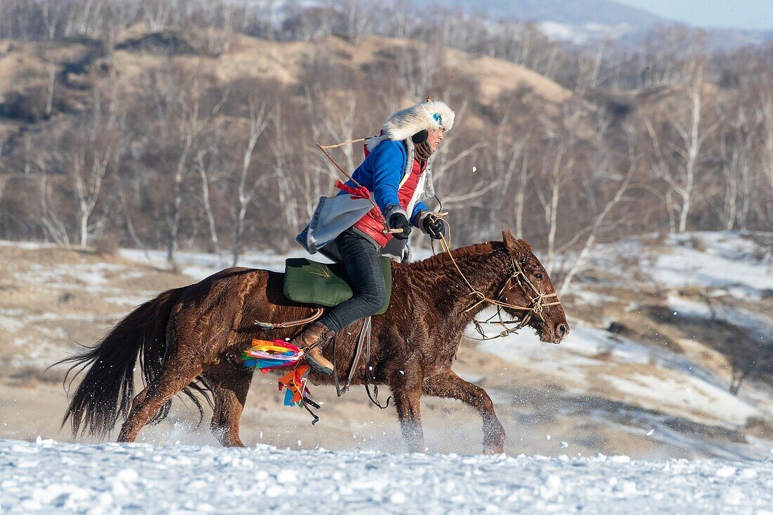 China, Inner Mongolia, Hebei Province, Zhangjiakou, Bashang Grassland, one Mongolian horseman on a horse in a meadow covered by snow