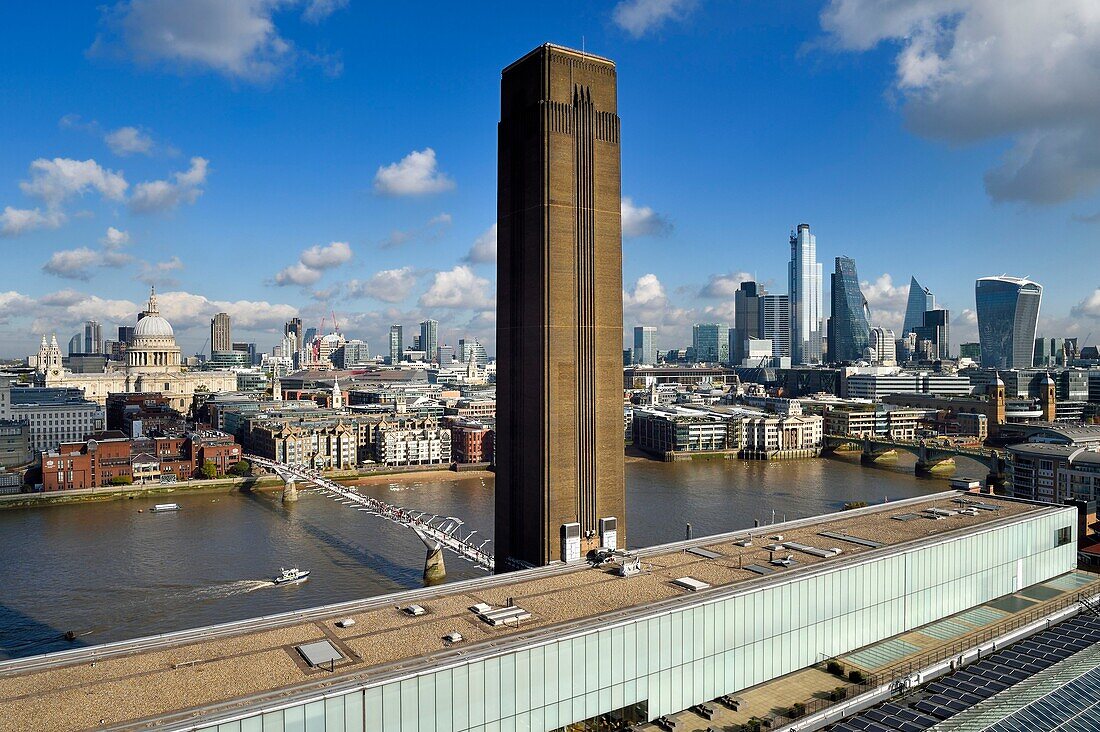 United Kingdom, London, Southwark district, the Tate Modern, the Millennium Bridge by architect Norman Foster on the Thames river and St. Paul's Cathedral in the City in the background, the skyscrapers of the City with the 20 Fenchurch Street nicknamed the Walkie-Talkie designed by the architect Rafael Vinoly on the right