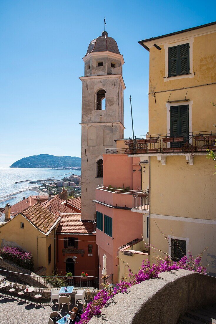 Italy, Liguria, the village of Cervo Imperia, on the square of the church the campanile