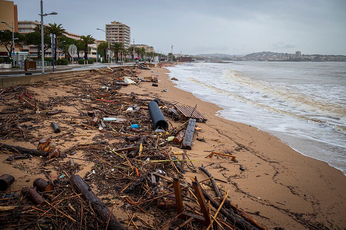 France, Var, Fréjus, rubbish deposited by the sea on the coast of Fréjus beach following the bad weather of the Mediterranean episode of 23 November 2019