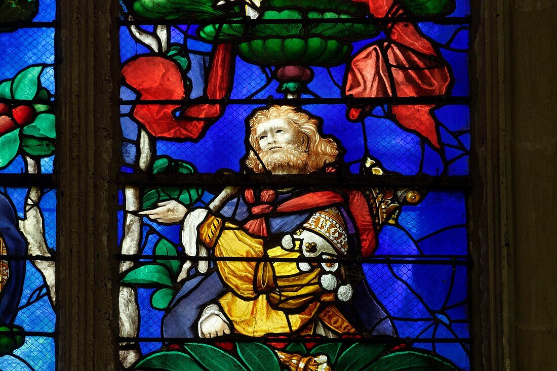 France, Oise, Beauvais, Saint Etienne church built between the 12th and 16th century, the Renaissance stained glass windows, Tree of Jesse stained glass masterpiece of England Leprince (1522), supposed portrait of Engrand Leprince