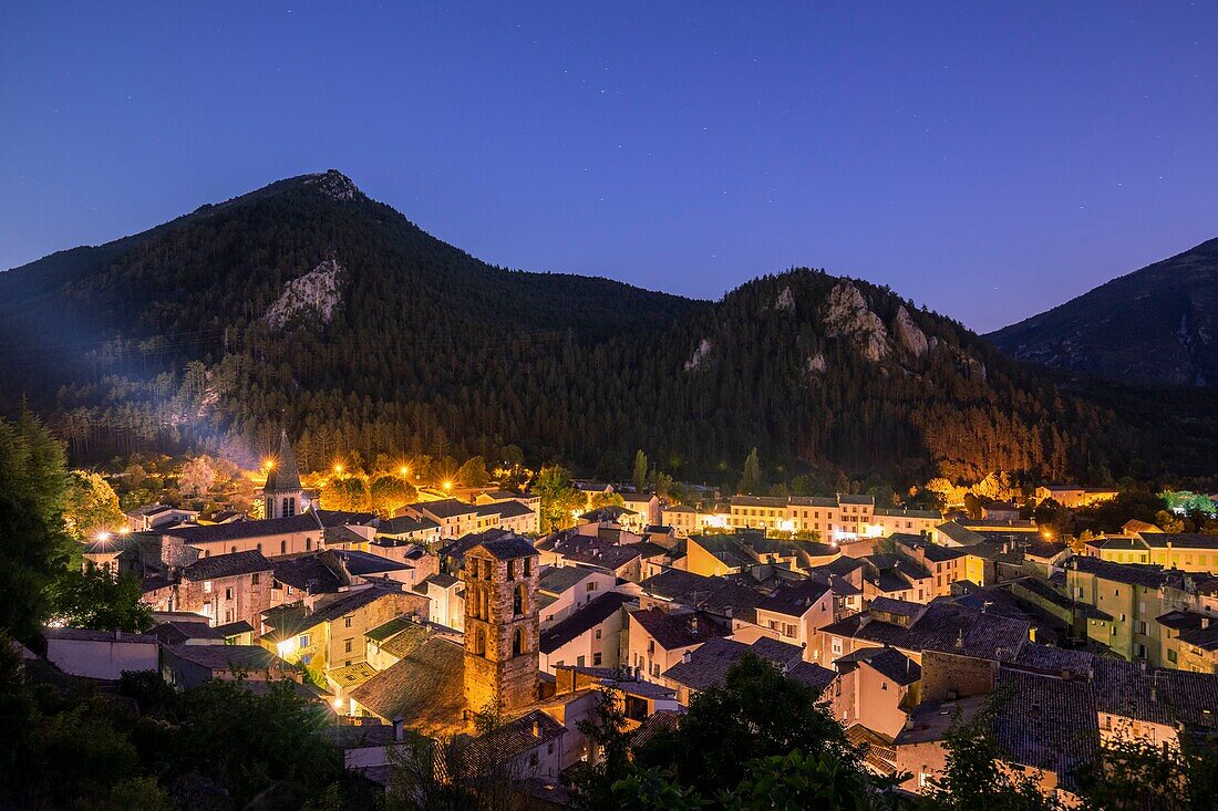 France, Alpes-de-Haute-Provence, Verdon Regional Nature Park, Castellane, view of the city skyline, the bell tower of the Saint Victor church and the Sacré Coeur church on the left