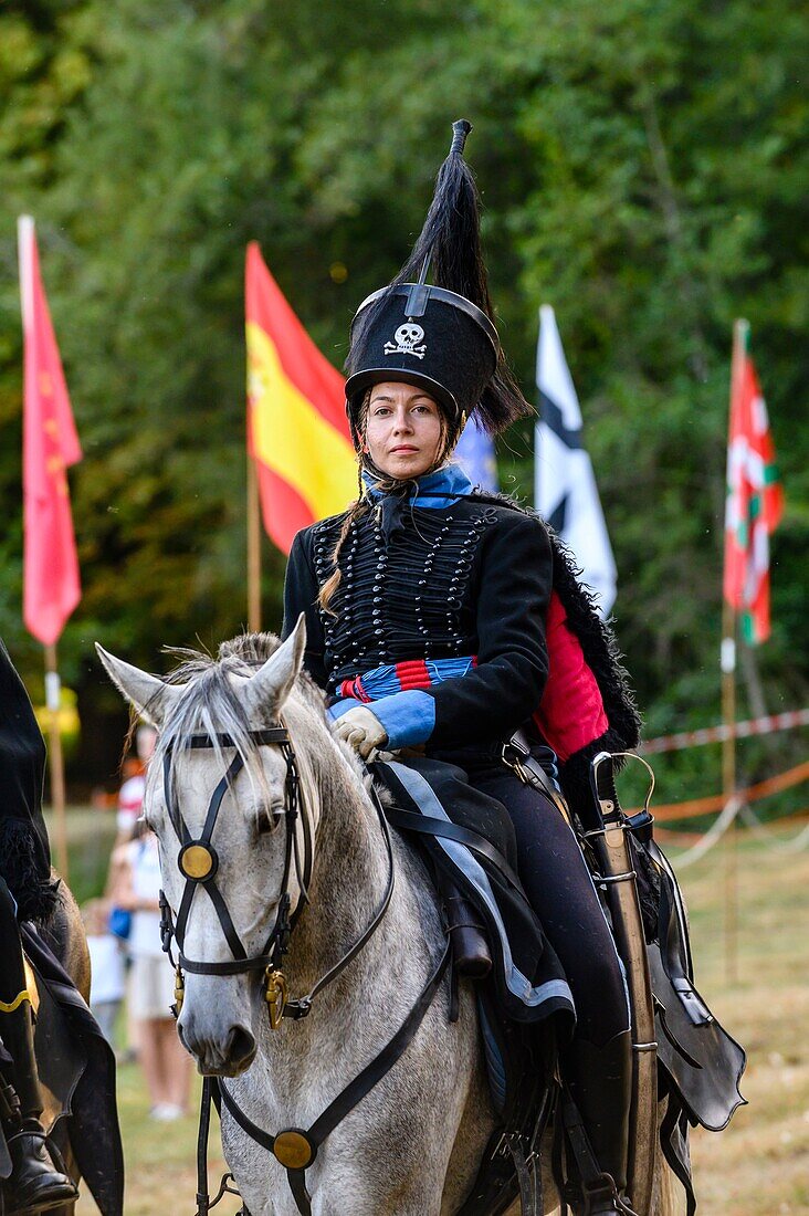 France, Yvelines (78), les Mesnuls, Les Mesnuls castlle,Heritage Day 2019, woman riding in costume during a historical reconstruction