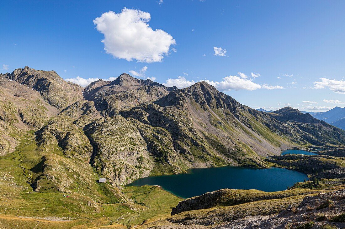 France, Alpes-Maritimes, Mercantour National Park, the CAF refuge (2380m) and the large lake (2325m) of the Vens lakes