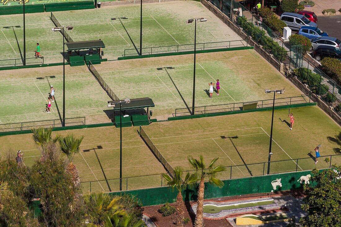 Spain, Canary Islands, Tenerife Island, Los Gigantes, hillside tennis courts, elevated view