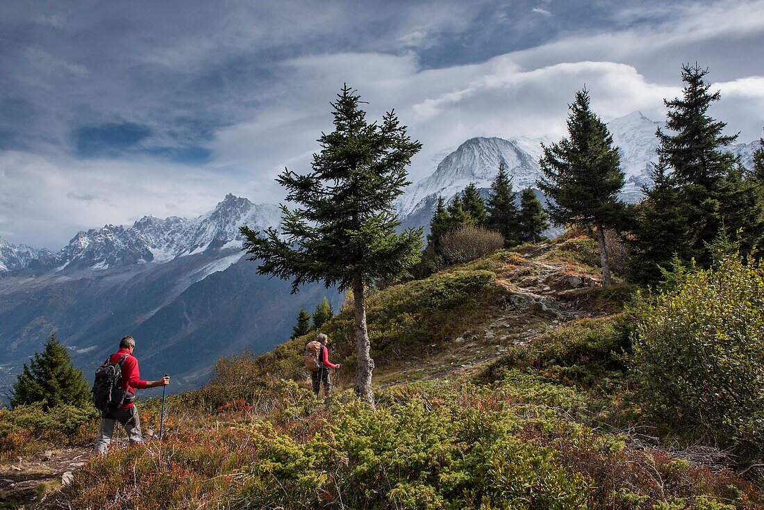 Frankreich, Haute Savoie, Mont-Blanc-Massiv, Chamonix Mont Blanc, les Houches, zwei Wanderer auf einer Wanderung zum Kopf des Prariond und der Aiguille du Gouter