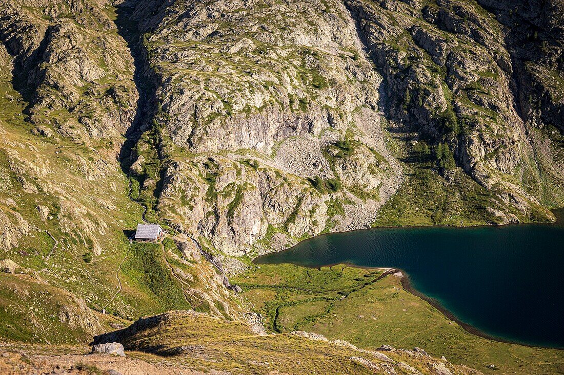 France, Alpes-Maritimes, Mercantour National Park, the refuge CAF (2380m) of the lakes of Vens, the great lake superior (2325m)