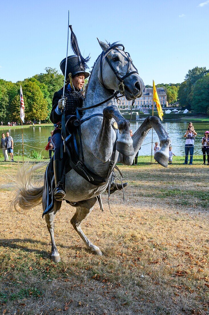 France, Yvelines (78), les Mesnuls, Les Mesnuls castlle,Heritage Day 2019, woman riding in costume during a historical reconstruction