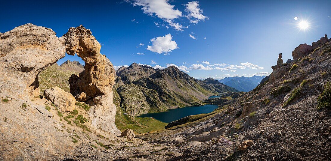 France, Alpes-Maritimes, Mercantour National Park, the Arch of Tortisse (2550 m), the rosary of the Vens lakes and the great lake superior (2325m)