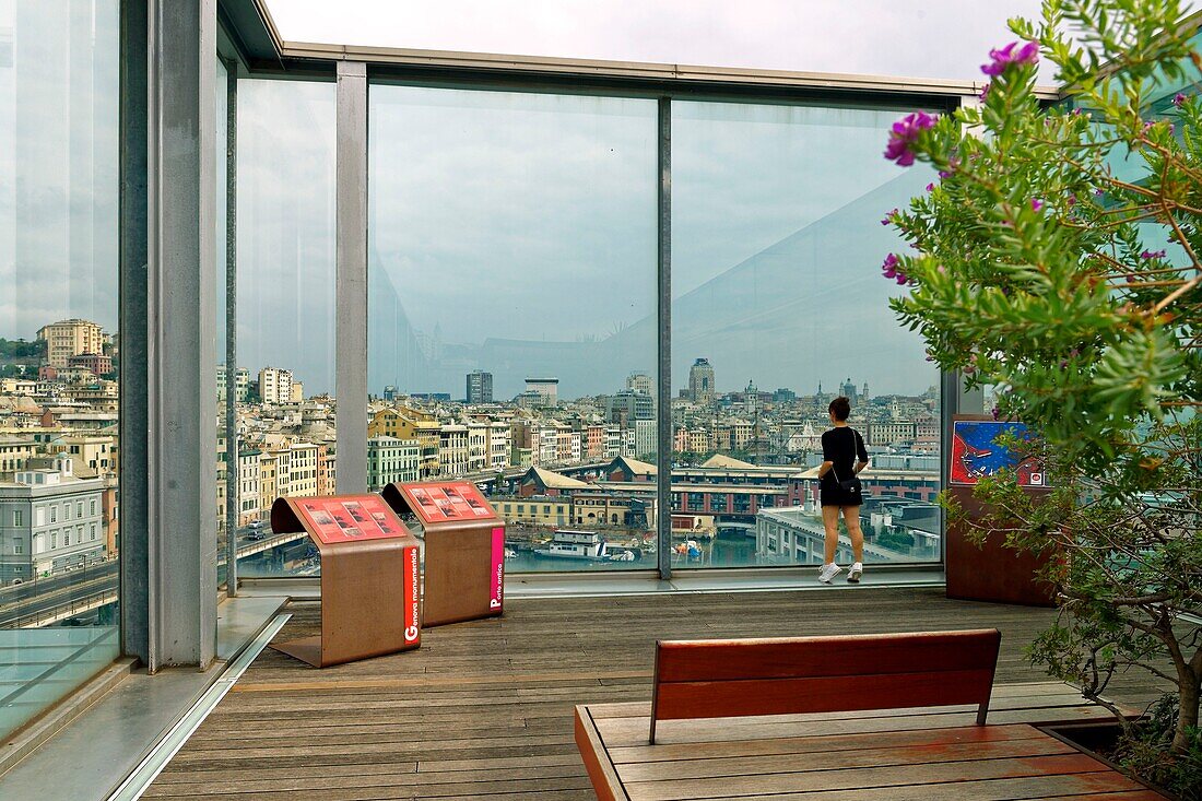 Italy, Liguria, Genes, Porto Antico (ancient port), Galata Museo del Mare (MUMA), Museum of the sea designed by the architect Renzo Piano (Galata Museo del Mare), panoramic view from the mirador terrace at the top of the museum