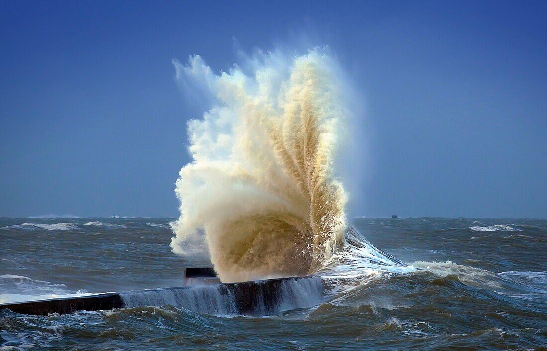 France, Morbihan, Ploemeur, Port de Lomener, wave on the dike during a storm