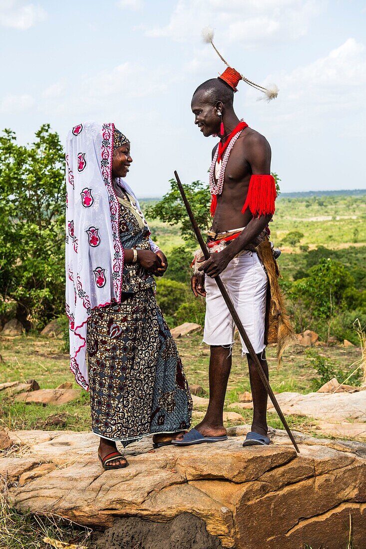 Benin, Donga department, Taneka warrior wearing traditional clothes with his wife