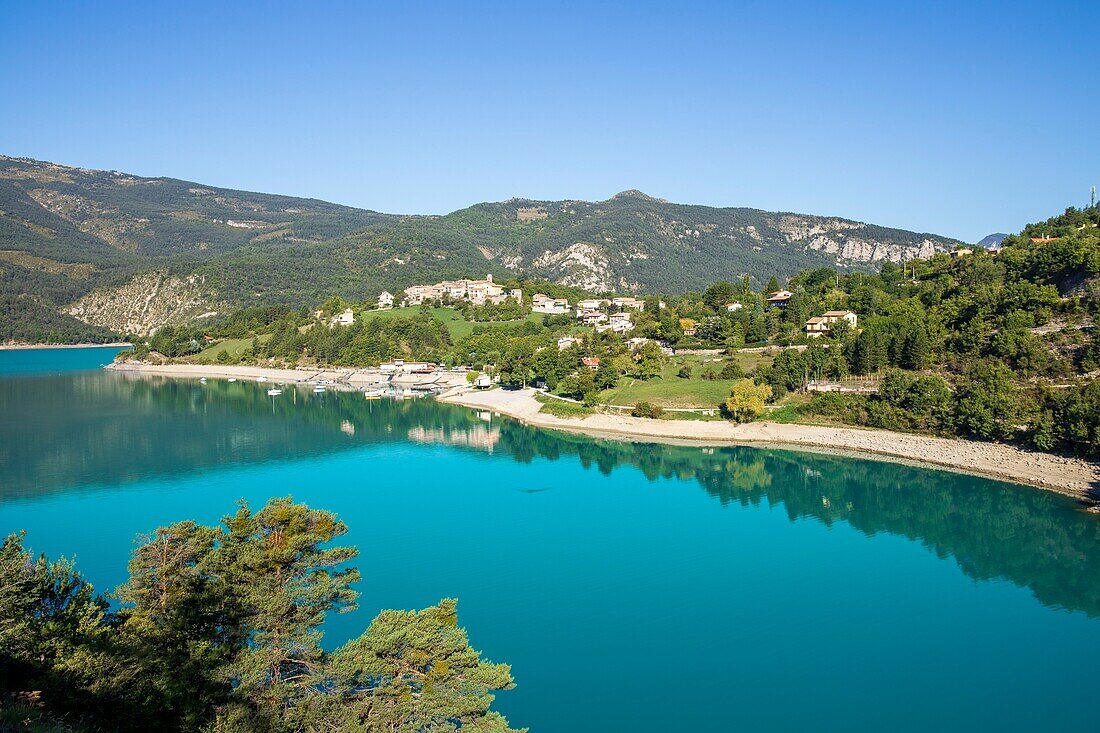 France, Alpes-de-Haute-Provence, Verdon Regional Nature Park, Saint-Julien-du-Verdon and Lake Castillon formed by the Verdon