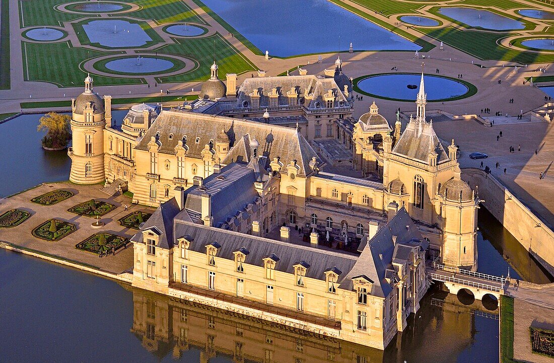 France, Oise, the castle of Chantilly and its garden of Andre Le Notre (aerial view)