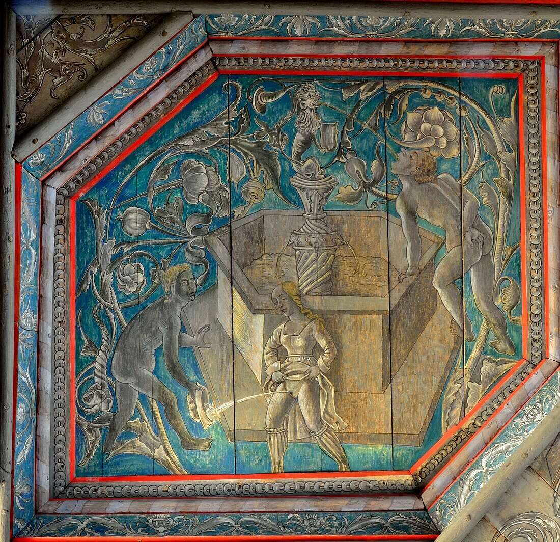 France, Maine et Loire, Plessis Bourre castle, ceiling of the guards' room, the pee girl also called indecent fountain, union of the contraries