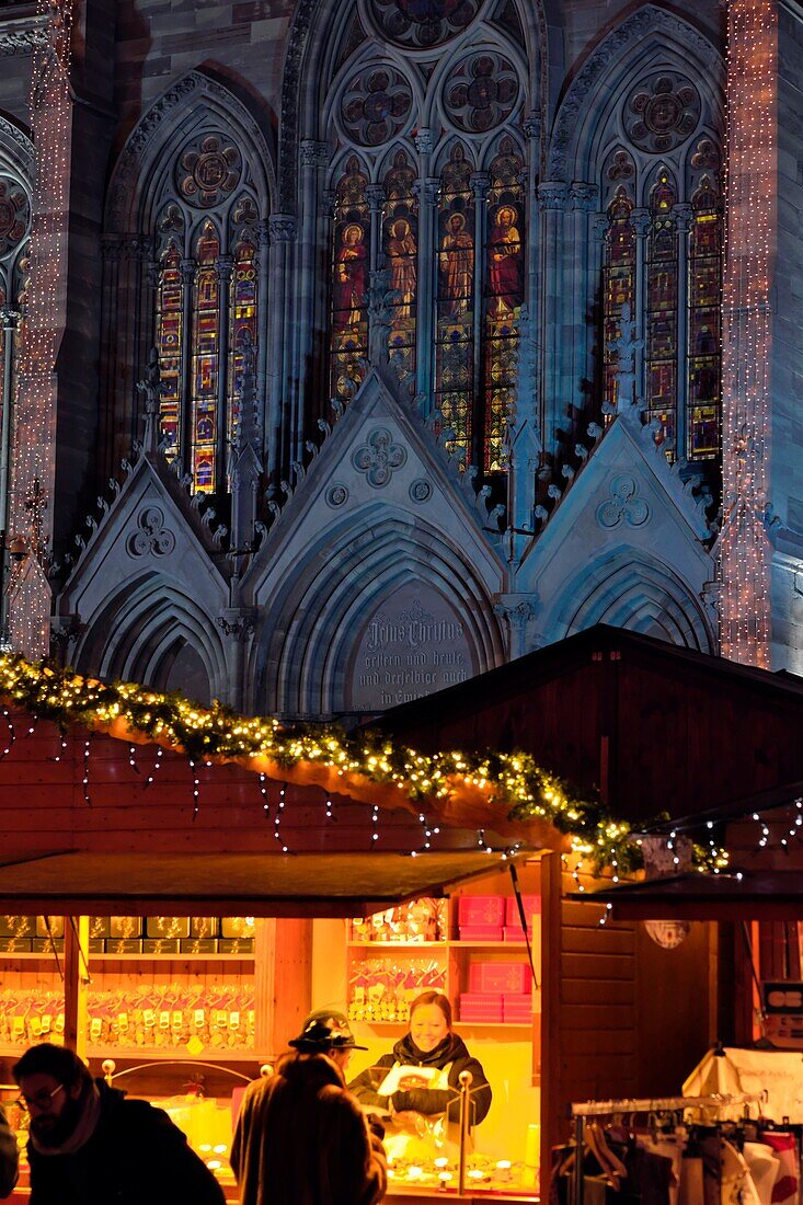 France, Haut Rhin, Mulhouse, Place de la Reunion, Saint Etienne temple, illuminations, stained glass windows, Christmas market