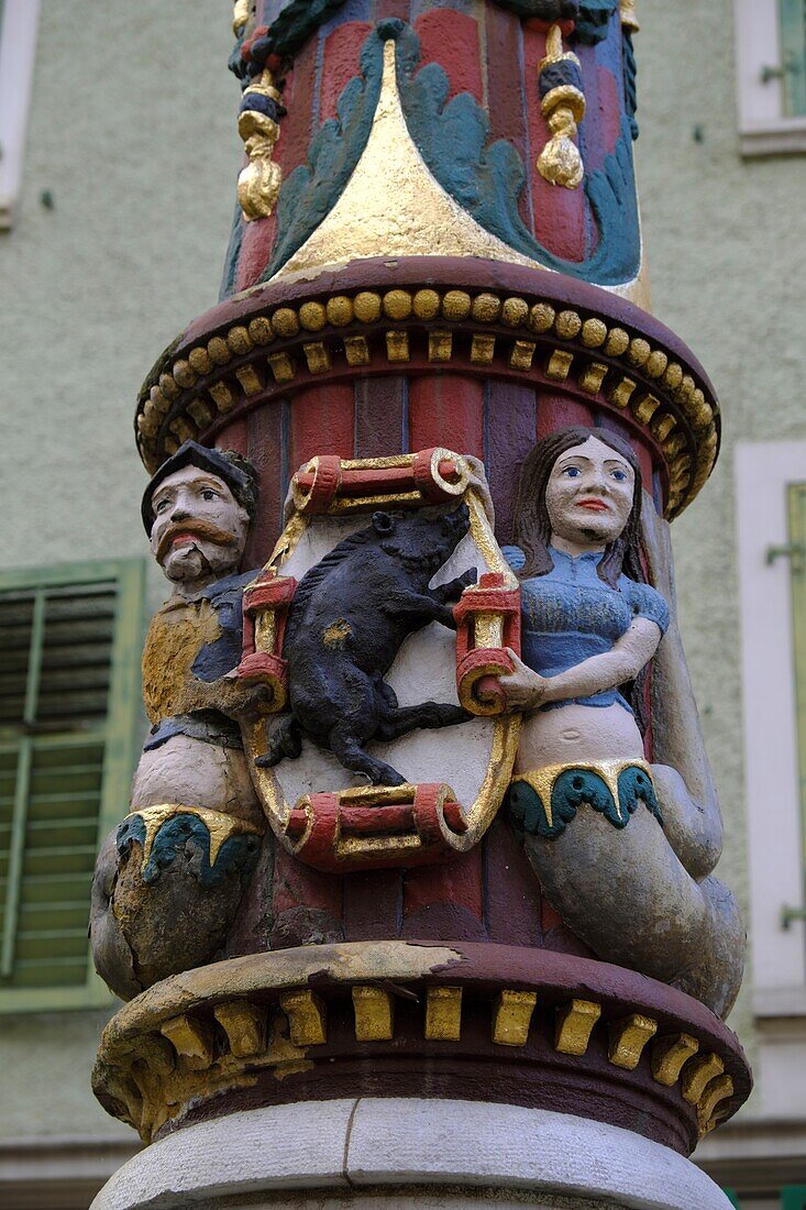 Switzerland, canton of Jura, Porrentruy, Rue du 23 Juin, fountain of Banneret or fountain of Switzerland dated1558, column, boar, emblem of the city