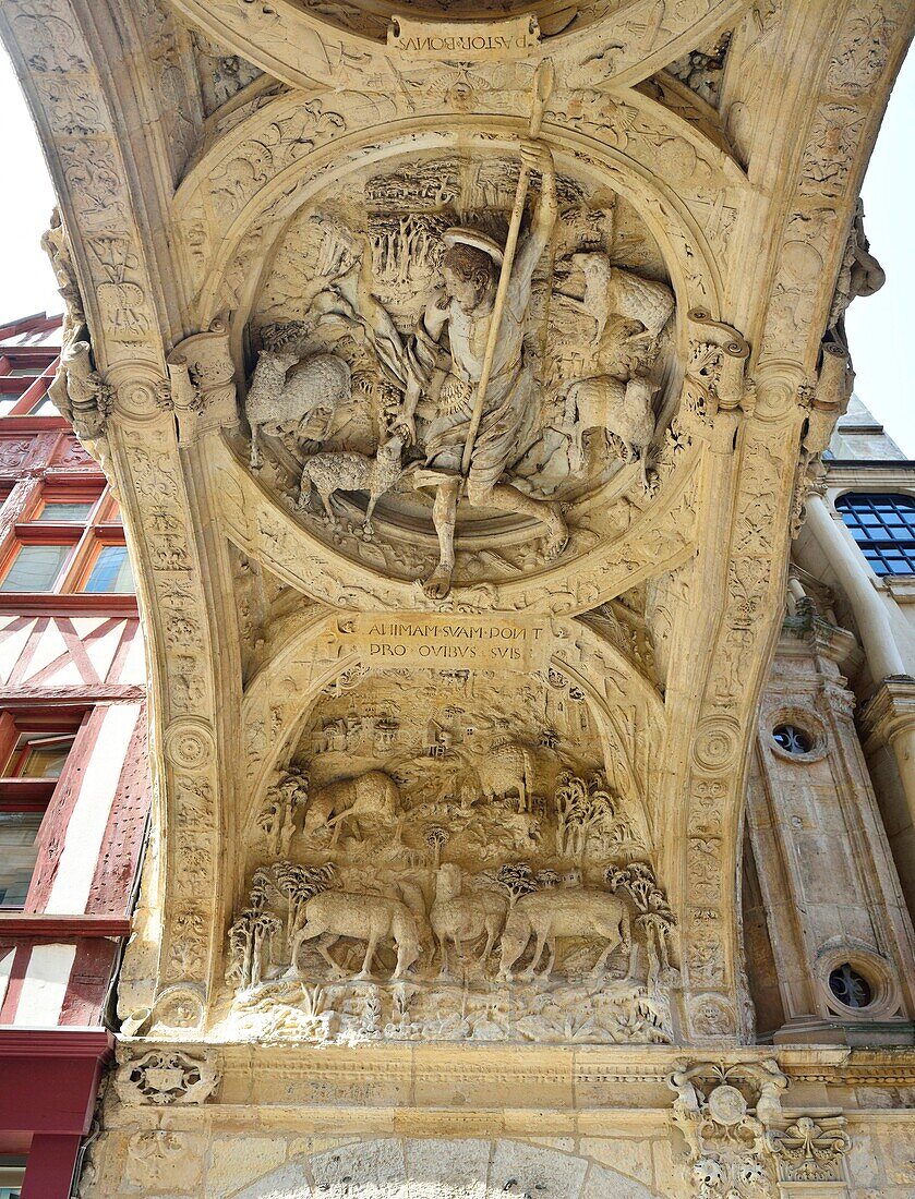 France, Normandy, Rouen, Le Gros Horloge, View under arch