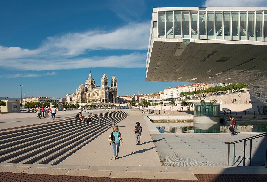 France, Bouche du Rhone, Marseille, the spectacular advance in the void of the floor of the Mediterranean villa on the water basin and the cathedral la Major