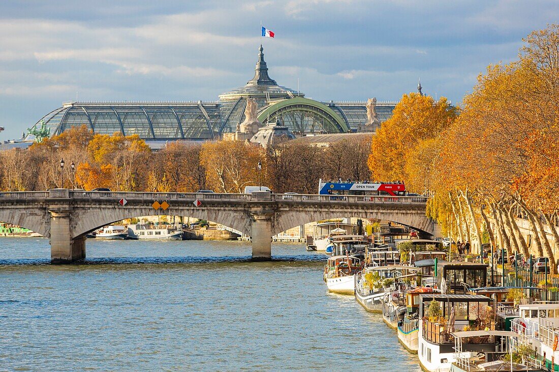 Frankreich, Paris, von der UNESCO zum Weltkulturerbe erklärtes Gebiet, Hausboot am Ufer der Seine im Hafen der Champs Elysees und des Grand Palais