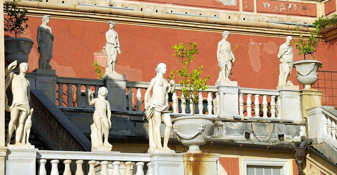 Italy, Liguria, Genoa, Museo di Palazzo Reale (Royal palace), interior frontage with statues on railings