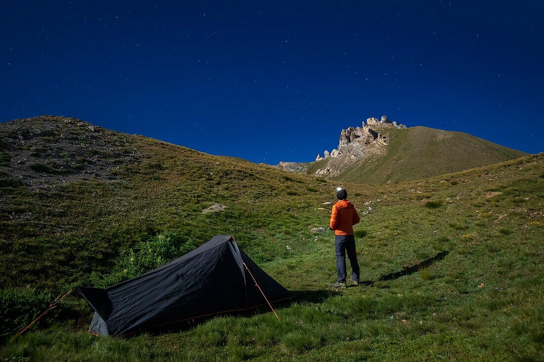 France, Alpes-Maritimes, Mercantour National Park, bivouac facing Aiguille de Tortisse (2672m) illuminated by the moon