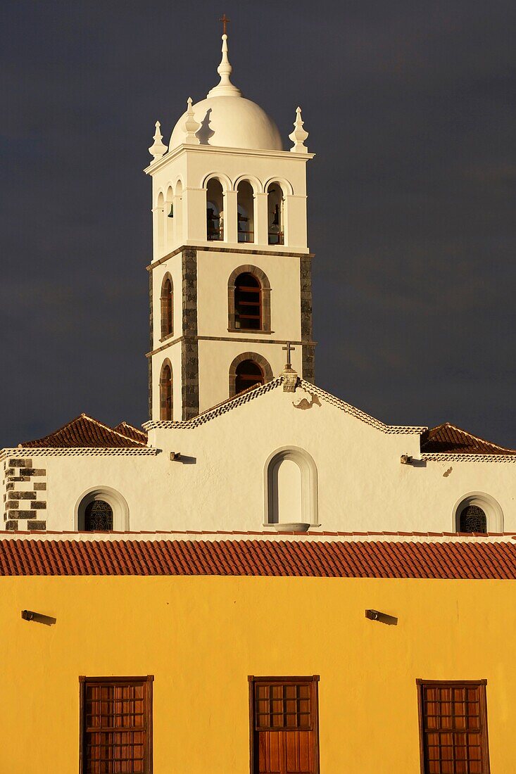 Spain, Canary Islands, Tenerife Island, Garachico, bell tower of the colonial church of Santa Ana