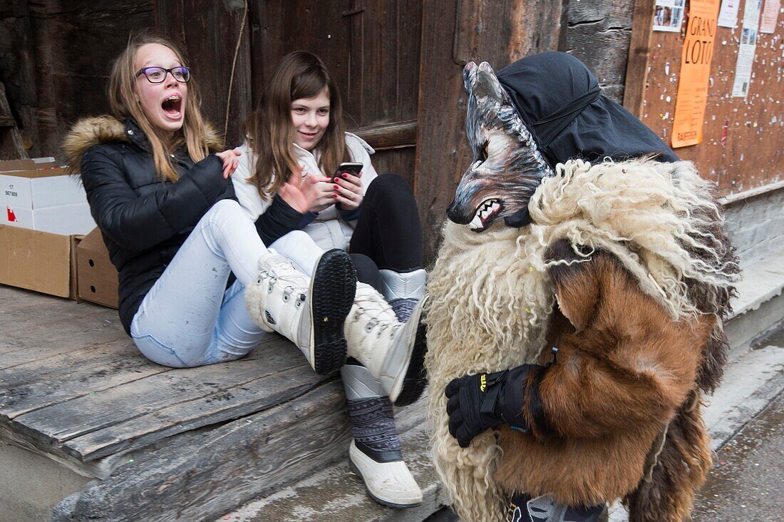 Switzerland, Valais, Evolene valley, Evolene, Carnaval with the Empailles and the Peluches who come from Pagan rites and go around the villages to frighten the bad spirits of winter