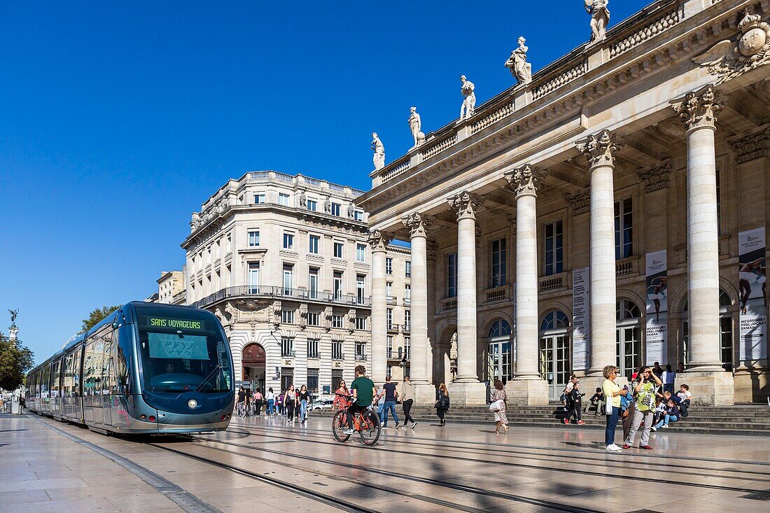 France, Gironde, Bordeaux, area classified as World Heritage by UNESCO, the Golden Triangle, Quinconces district, Place de la Comédie, TBM network tram in front of the Grand-Théâtre, built by architect Victor Louis from 1773 to 178