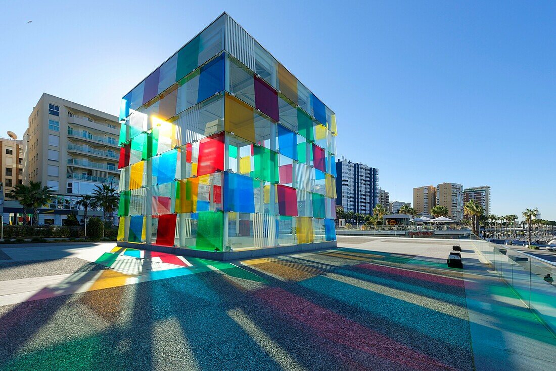 Spain, Andalusia, Costa del Sol, Malaga, The Pompidou Art Centre the Cube by Daniel Buren