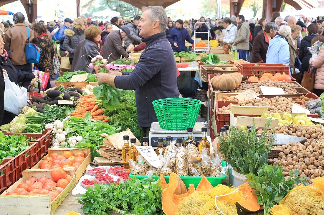 France, Correze, Brive la Gaillarde, Halle Georges Brassens, market, fruit and vegetable seller