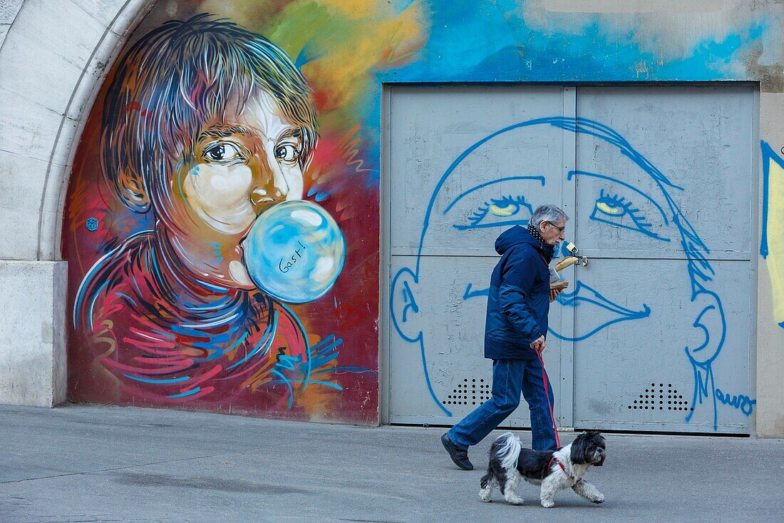 Frankreich, Paris, Wandgemälde an der Fassade eines der Bögen der Metrolinie im Boulevard Vincent Auriol bei C215