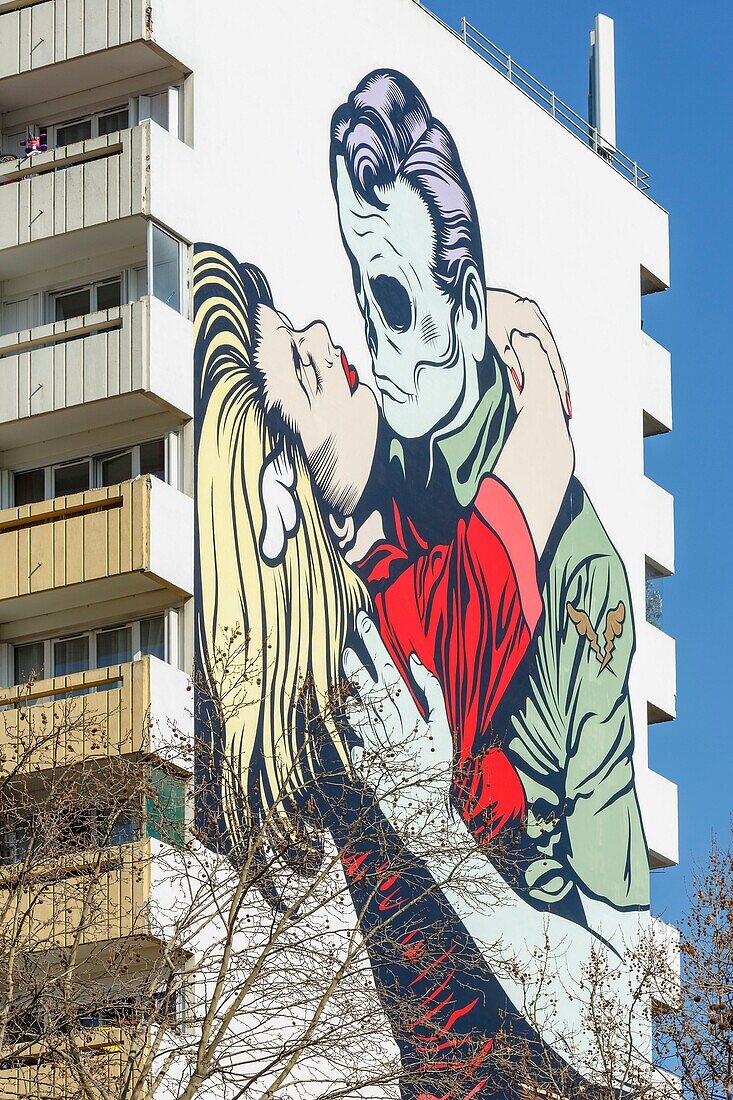 France, Paris, mural in Place Pinel called Love won't tear us apart by artist D*face